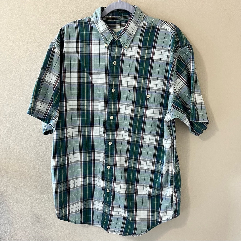 Vintage Eddie Bauer Button Down Shirt Mens M Medium Green Plaid 90s Y2K Preppy